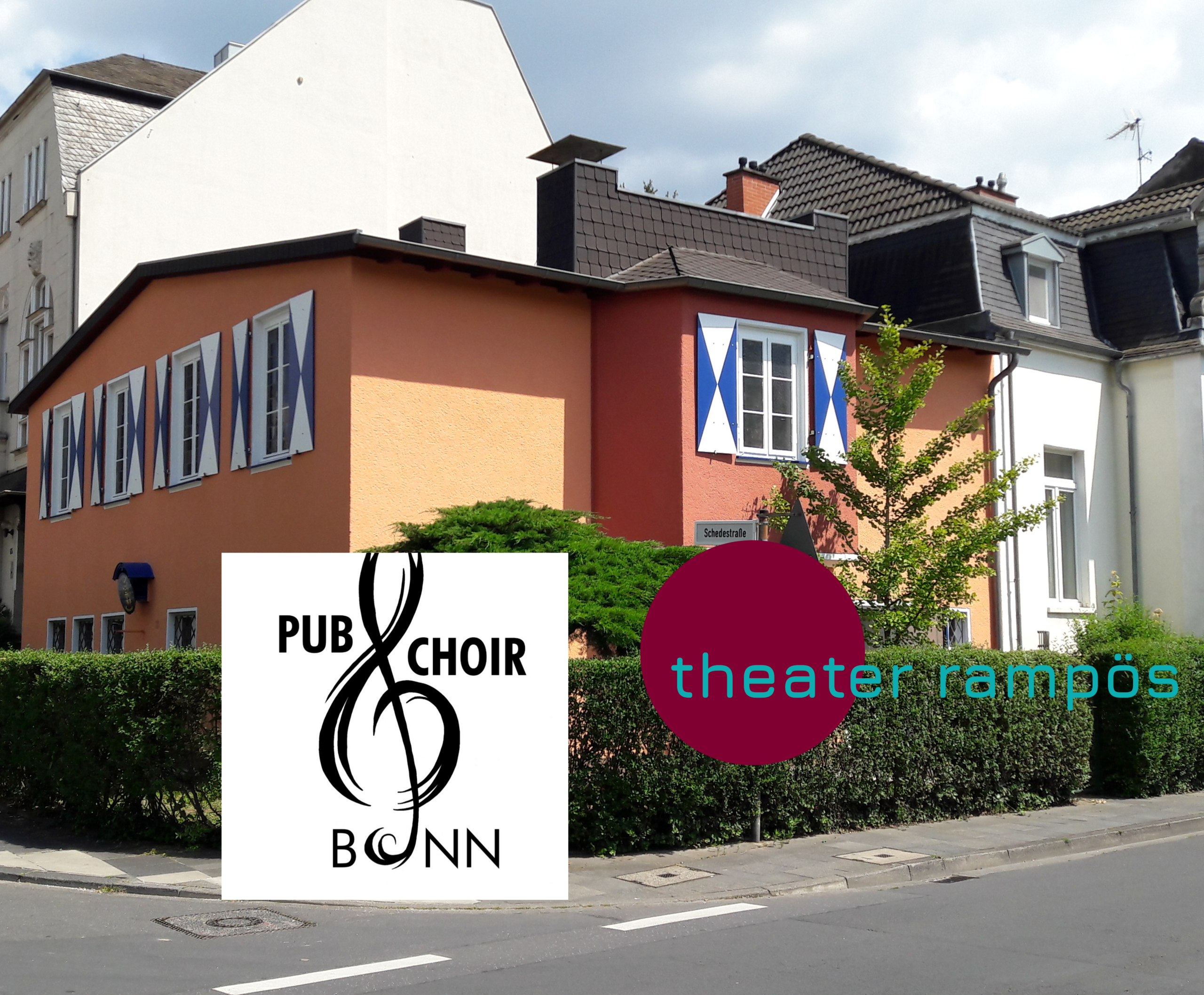 Kollage der Bonner Burg mit den Logos vom Pubchoir Bonn und dem Theater Rampös
